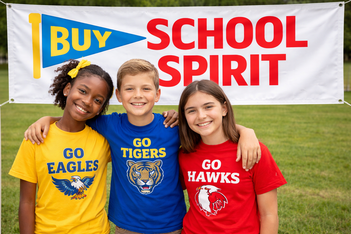 Kids wearing school t-shirts